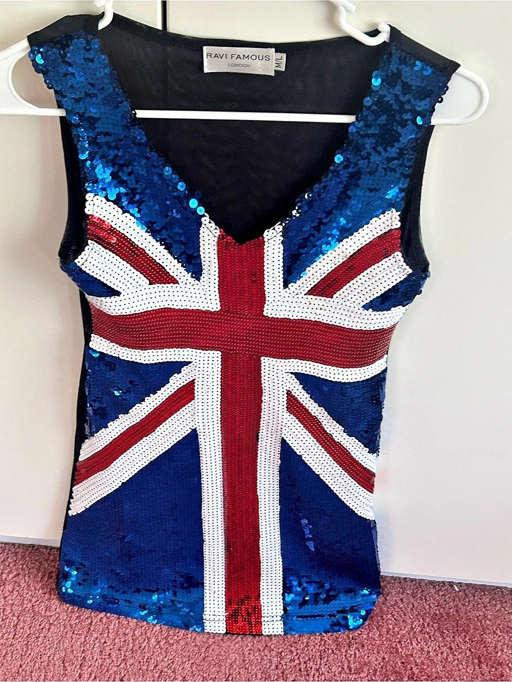Ravi Famous Union Jack Sequin Tank Top Size Medium Like New
